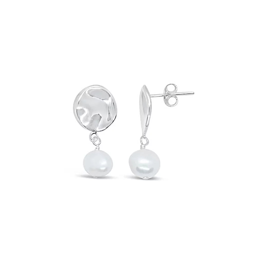 Freshwater Pearl with beaten Disc Drop Stud Earrings - Regarde Jewellers